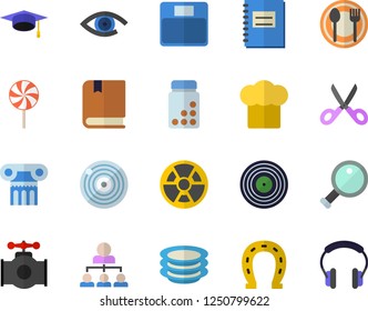 Color flat icon set cook hat flat vector, scissors, table setting, plates, lollipop, horseshoe, main pipeline, radiation, notebook, hierarchy, bachelor cap, textbook, magnifier, weighing machine