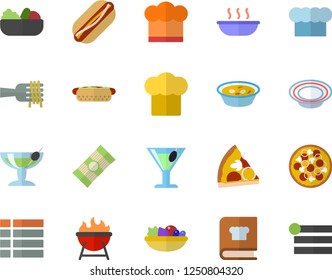 Color flat icon set cook hat flat vector, cookbook, barbecue, spaghetti, on a fork, hot dog, pizza, dish, salad, soup, cocktail, fector, menu