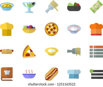 Color flat icon set cook hat flat vector, cookbook, spaghetti, on a fork, hot dog, pizza, dish, salad, soup, cocktail fector, menu