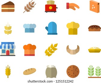 Color flat icon set cook hat flat vector, potholder, toaster, flour, groats, ear, biscuit, croissant, bread, piece of cake, pie, store front
