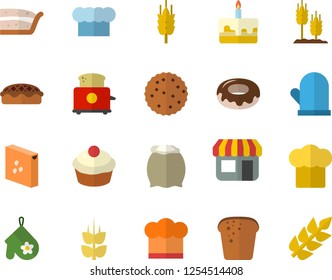 Color flat icon set cook hat flat vector, potholder, toaster, flour, groats, bread, cupcake, piece of cake, donut, pie, ear, biscuit, store front