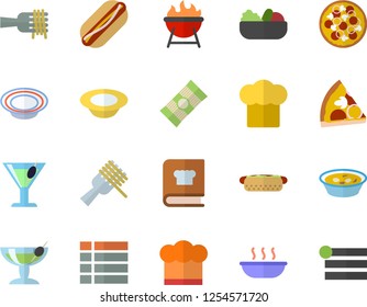 Color flat icon set cook hat flat vector, cookbook, barbecue, spaghetti, on a fork, hot dog, pizza, dish, salad, soup, cocktail, fector, menu