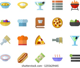 Color flat icon set cook hat flat vector, cookbook, barbecue, spaghetti, on a fork, hot dog, pizza, dish, salad, soup, cocktail, fector, menu