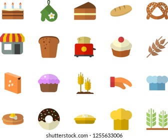 Color flat icon set cook hat flat vector, potholder, toaster, groats, ear, pancakes, bagel, bread, cupcake, piece of cake, donut, pie, store front