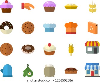 Color flat icon set cook hat flat vector, potholder, flour, groats, biscuit, cake, cupcake, donut, pie, ear, store front