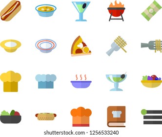 Color flat icon set cook hat flat vector, cookbook, barbecue, spaghetti, on a fork, hot dog, pizza, dish, salad, soup, cocktail, fector, menu