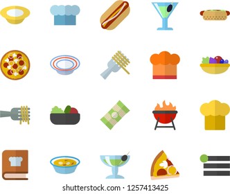 Color flat icon set cook hat flat vector, cookbook, barbecue, spaghetti, on a fork, hot dog, pizza, dish, salad, soup, cocktail, fector, menu
