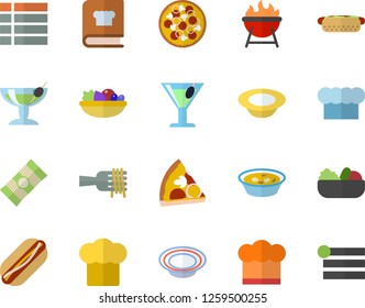 Color flat icon set cook hat flat vector, cookbook, barbecue, spaghetti, on a fork, hot dog, pizza, dish, salad, soup, cocktail, fector, menu