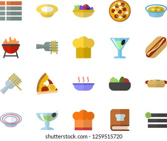 Color flat icon set cook hat flat vector, cookbook, barbecue, spaghetti on a fork, hot dog, pizza, dish, salad, soup, cocktail, fector, menu
