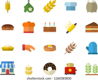 Color flat icon set cook hat flat vector, potholder, rolling pin, toaster, flour, ear, pancakes, piece of cake, donut, pie, store front