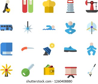 Color flat icon set cook hat flat vector, grater, knife, solar battery, oil pumping, windmill, laser, purse, flipchart, businessman, book, sneakers, yoga, swimming, gymnastics, bus fector, key, golf