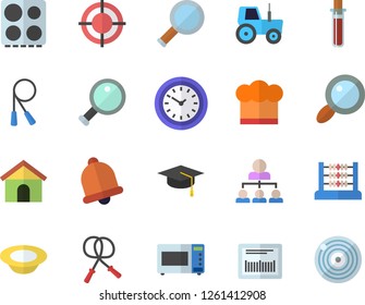Color flat icon set cook hat flat vector, electric stove, microwave, dish, tractor, magnifier, clock, barcode, blood test, abacus, target, hierarchy, bachelor cap, skipping rope, bell, house