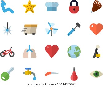 Color flat icon set cook hat flat vector, meat hammer, ham, knife, water tap, laser, express delivery, heart, lungs, businessman, windmill, bicycle, sports pear, swing press, earth fector, starfish