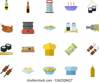 Color flat icon set cook hat flat vector, double boiler, spice, grater, spaghetti, sauce, on a fork, soup, chicken, shashlik, fish rolls, canape, mustard