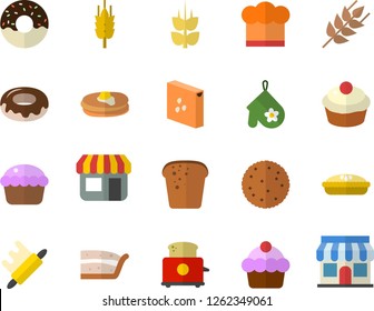 Color flat icon set cook hat flat vector, potholder, rolling pin, toaster, groats, ear, biscuit, pancakes, cake, bread, cupcake, piece of, donut, pie, store front