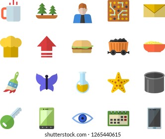 Color flat icon set cook hat flat vector, hamburger, porridge, tea, paint brush, butterflies, forest, pipe production, mining, person, medical analysis, eye, calendar, electronic circuit, key