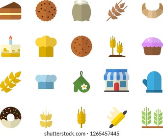 Color flat icon set cook hat flat vector, potholder, rolling pin, flour, ear, biscuit, croissant, cupcake, piece of cake, donut, store front