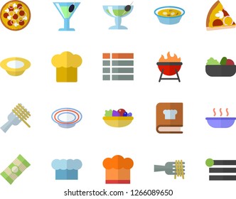 Color flat icon set cook hat flat vector, cookbook, barbecue, spaghetti, on a fork, pizza, dish, salad, soup, cocktail, fector, menu