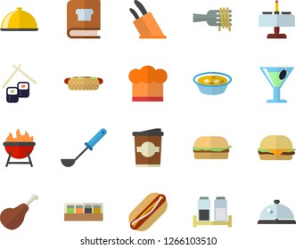 Color flat icon set cook hat flat vector, ladle, knives, cookbook, spice, barbecue, dish, ham, spaghetti on a fork, hamburger, hot dog, soup, fish rolls, cocktail, coffe, romantic dinner fector