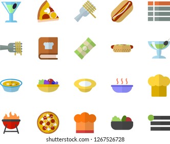 Color flat icon set cook hat flat vector, cookbook, barbecue, spaghetti, on a fork, hot dog, pizza, dish, salad, soup, cocktail, fector, menu