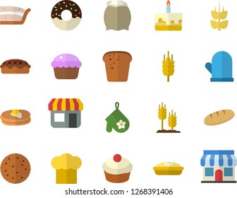 Color flat icon set cook hat flat vector, potholder, flour, biscuit, pancakes, bread, cupcake, piece of cake, donut, pie, ear, store front