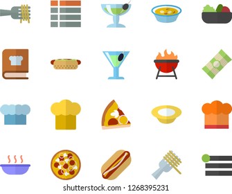 Color flat icon set cook hat flat vector, cookbook, barbecue, spaghetti, on a fork, hot dog, pizza, dish, salad, soup, cocktail, fector, menu