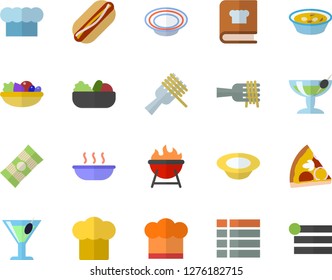 Color flat icon set cook hat flat vector, cookbook, barbecue, spaghetti, on a fork, hot dog, pizza, dish, salad, soup, cocktail, fector, menu