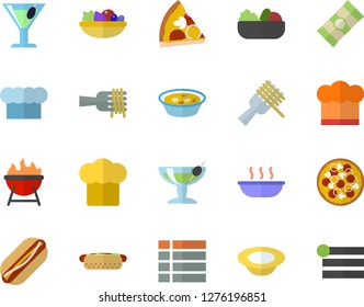 Color flat icon set cook hat flat vector, barbecue, spaghetti, on a fork, hot dog, pizza, dish, salad, soup, cocktail, fector, menu