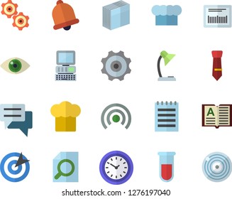 Color flat icon set cook hat flat vector, clock, chat, barcode, blood test, magnifier, sticker, reading lamp, target, tie, notepad, computer, cogwheel, bell, broadcast, eye, book