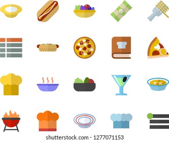 Color flat icon set cook hat flat vector, cookbook, barbecue, spaghetti, on a fork, hot dog, pizza, dish, salad, soup, cocktail, menu