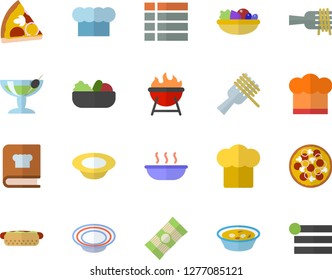 Color flat icon set cook hat flat vector, cookbook, barbecue, spaghetti, on a fork, hot dog, pizza, dish, salad, soup, cocktail fector, menu