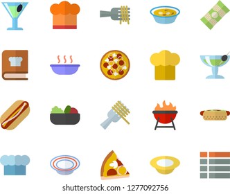 Color flat icon set cook hat flat vector, cookbook, barbecue, spaghetti, on a fork, hot dog, pizza, dish, salad, soup, cocktail, fector, menu