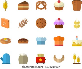 Color flat icon set cook hat flat vector, potholder, toaster, flour, groats, ear, pancakes, bagel, croissant, cake, bread, cupcake, piece of, pie, biscuit