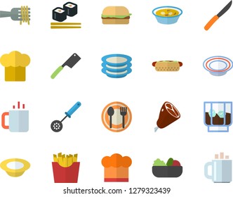 Color flat icon set cook hat flat vector, kitchen spoon, knives, table setting, plates, spaghetti on a fork, hamburger, hot dog, dish, salad, soup, ham, French fries, fish rolls, whiskey, tea