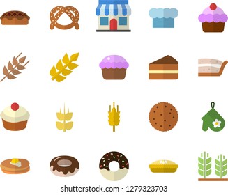 Color flat icon set cook hat flat vector, potholder, ear, biscuit, pancakes, bagel, cake, cupcake, piece of, donut, pie, store front
