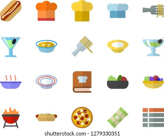 Color flat icon set cook hat flat vector, cookbook, barbecue, spaghetti, on a fork, hot dog, pizza, dish, salad, soup, cocktail, fector, menu