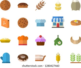 Color flat icon set cook hat flat vector, potholder, flour, groats, ear, biscuit, pancakes, croissant, cake, piece of, donut, pie, store front