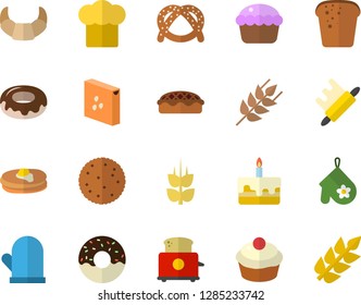 Color flat icon set cook hat flat vector, potholder, rolling pin, toaster, groats, ear, biscuit, pancakes, bagel, croissant, bread, cupcake, cake, donut, pie