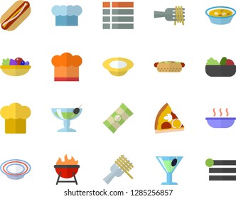 Color flat icon set cook hat flat vector, barbecue, spaghetti, on a fork, hot dog, pizza, dish, salad, soup, cocktail, fector, menu