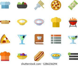 Color flat icon set cook hat flat vector, cookbook, barbecue, spaghetti, on a fork, hot dog, pizza, dish, salad, soup, cocktail, fector, menu