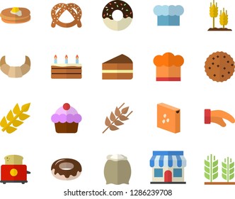 Color flat icon set cook hat flat vector, potholder, toaster, flour, groats, ear, pancakes, bagel, croissant, cake, piece of, donut, biscuit, store front