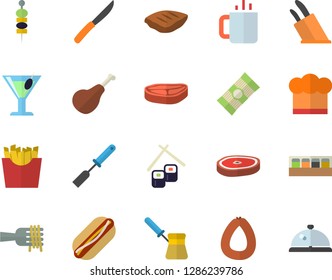 Color flat icon set cook hat flat vector, kitchen spatula, knives, turk, spice, spaghetti, chop, ham, sausage, on a fork, hot dog, French fries, fish rolls, cocktail, tea, canape, jingle fector