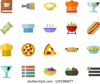 Color flat icon set cook hat flat vector, cookbook, barbecue, spaghetti, on a fork, hot dog, pizza, dish, salad, soup, cocktail, fector, menu