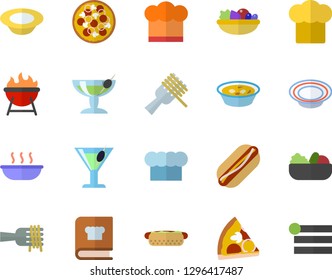 Color flat icon set cook hat flat vector, cookbook, barbecue, spaghetti on a fork, hot dog, pizza, dish, salad, soup, cocktail, fector, menu