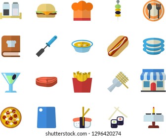 Color flat icon set cook hat flat vector, kitchen spatula, cutting board, cookbook, spice, table setting, plates, chop, spaghetti on a fork, hamburger, hot dog, pizza, soup, French fries, fish rolls
