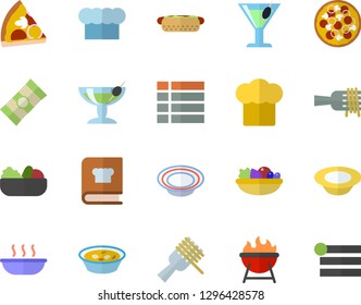 Color flat icon set cook hat flat vector, cookbook, barbecue, spaghetti, on a fork, hot dog, pizza, dish, salad, soup, cocktail, fector, menu