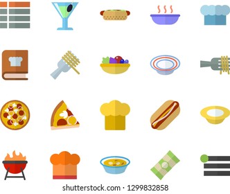 Color flat icon set cook hat flat vector, cookbook, barbecue, spaghetti, on a fork, hot dog, pizza, dish, salad, soup, cocktail, menu