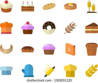Color flat icon set cook hat flat vector, potholder, rolling pin, groats, ear, pancakes, croissant, cake, bread, cupcake, piece of, donut, pie
