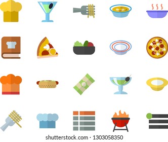 Color flat icon set cook hat flat vector, cookbook, barbecue, spaghetti, on a fork, hot dog, pizza, dish, salad, soup, cocktail, menu