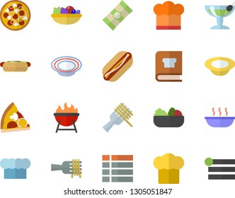 Color flat icon set cook hat flat vector, cookbook, barbecue, spaghetti, on a fork, hot dog, pizza, dish, salad, soup, cocktail fector, menu